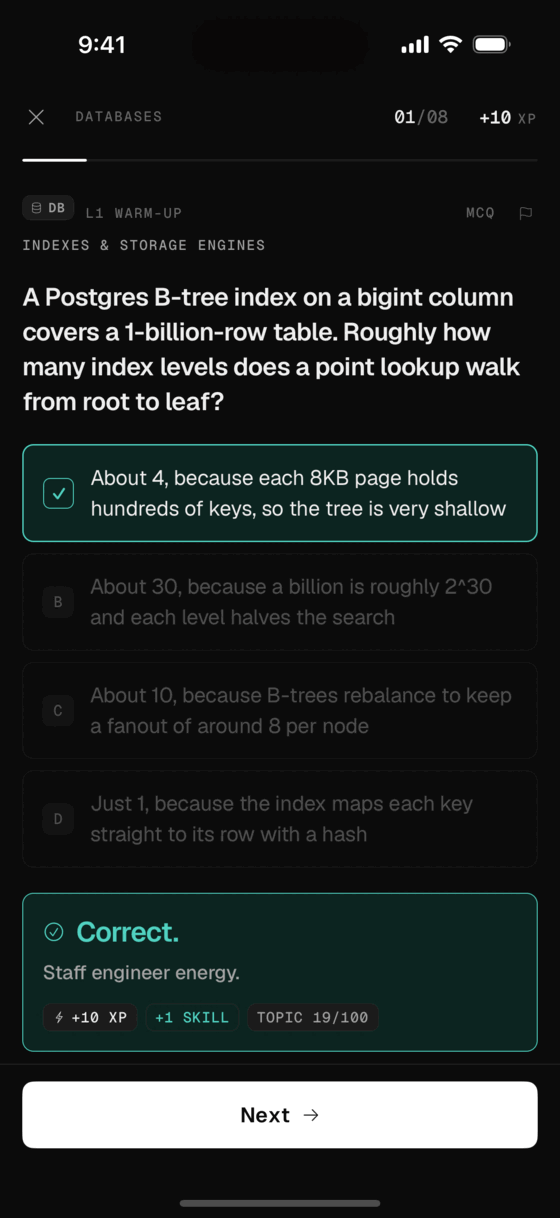 A correct answer highlighted in teal with XP earned